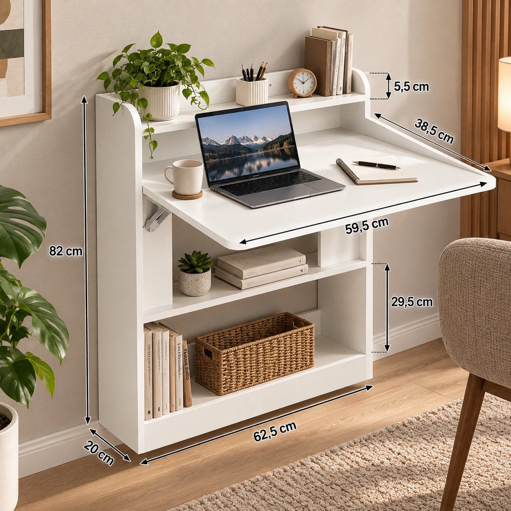 Bureau Mural Pliable Multifonction avec Rangements