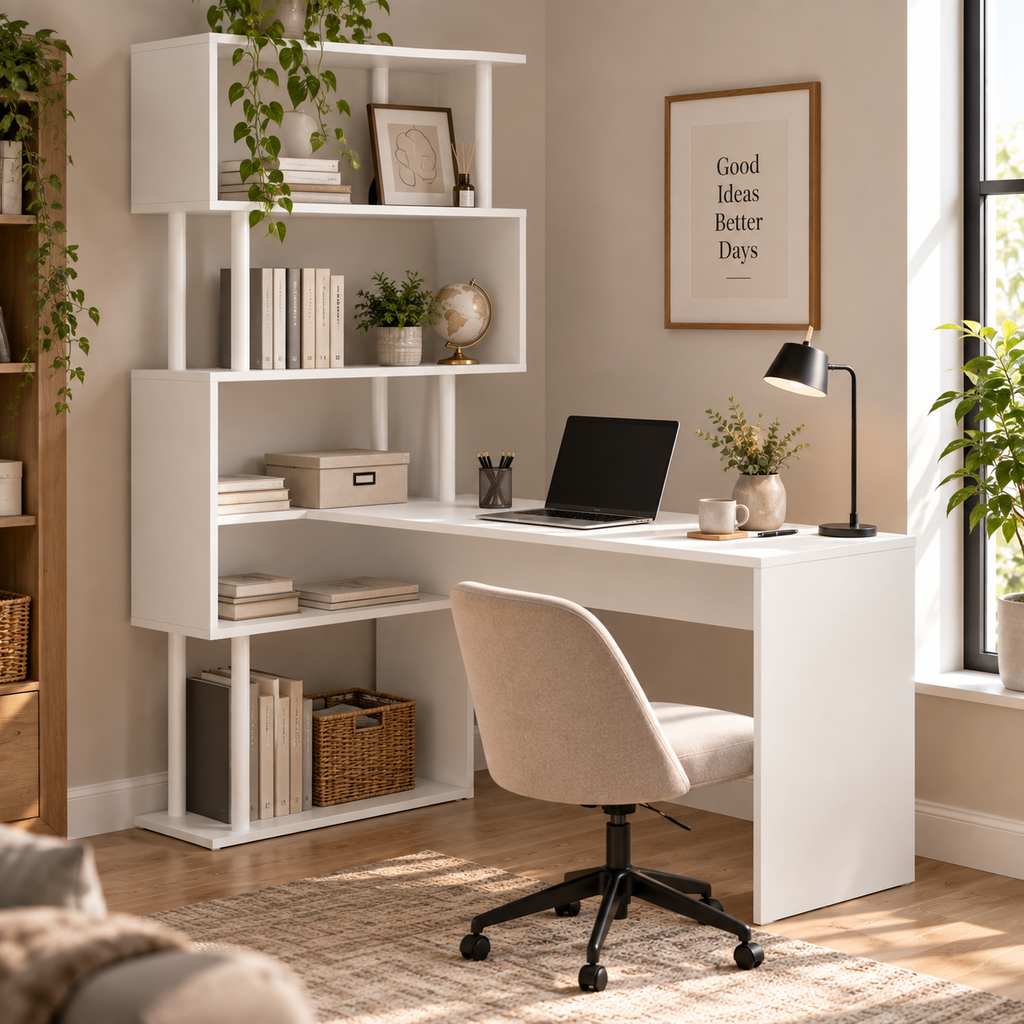 Bureau d'angle bureau informatique en forme de L avec étagères à 4 niveaux en bois 120 x 80 x 176 cm Blanc
