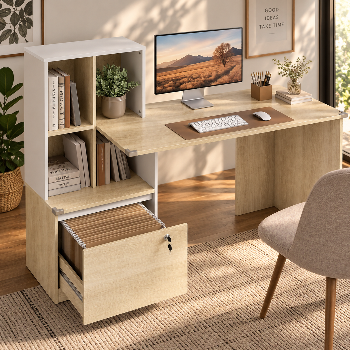 Bureau d'ordinateur avec bibliothèque 4 compartiments et tiroir verrouillable, 126 x 50 x 109 cm, chêne et blanc