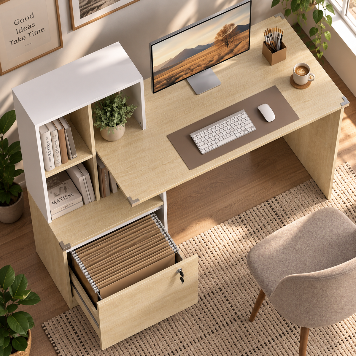 Bureau d'ordinateur avec bibliothèque 4 compartiments et tiroir verrouillable, 126 x 50 x 109 cm, chêne et blanc