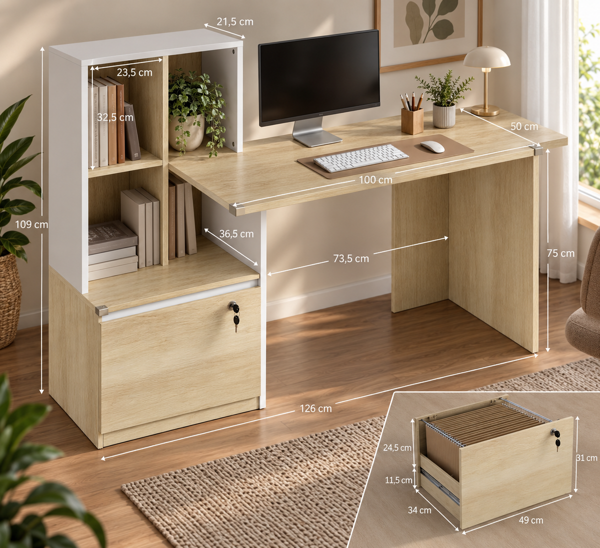 Bureau d'ordinateur avec bibliothèque 4 compartiments et tiroir verrouillable, 126 x 50 x 109 cm, chêne et blanc