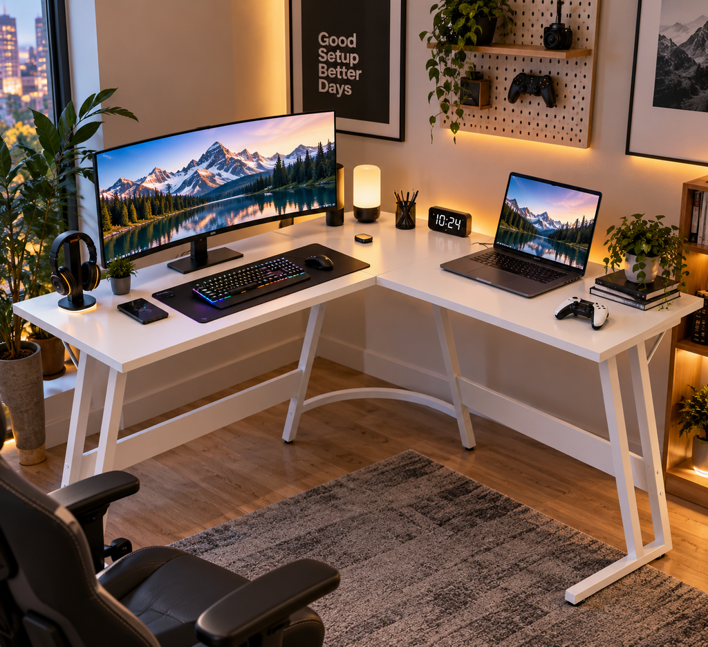 Bureau Gaming d’Angle 130x130 cm en L avec Support Écran