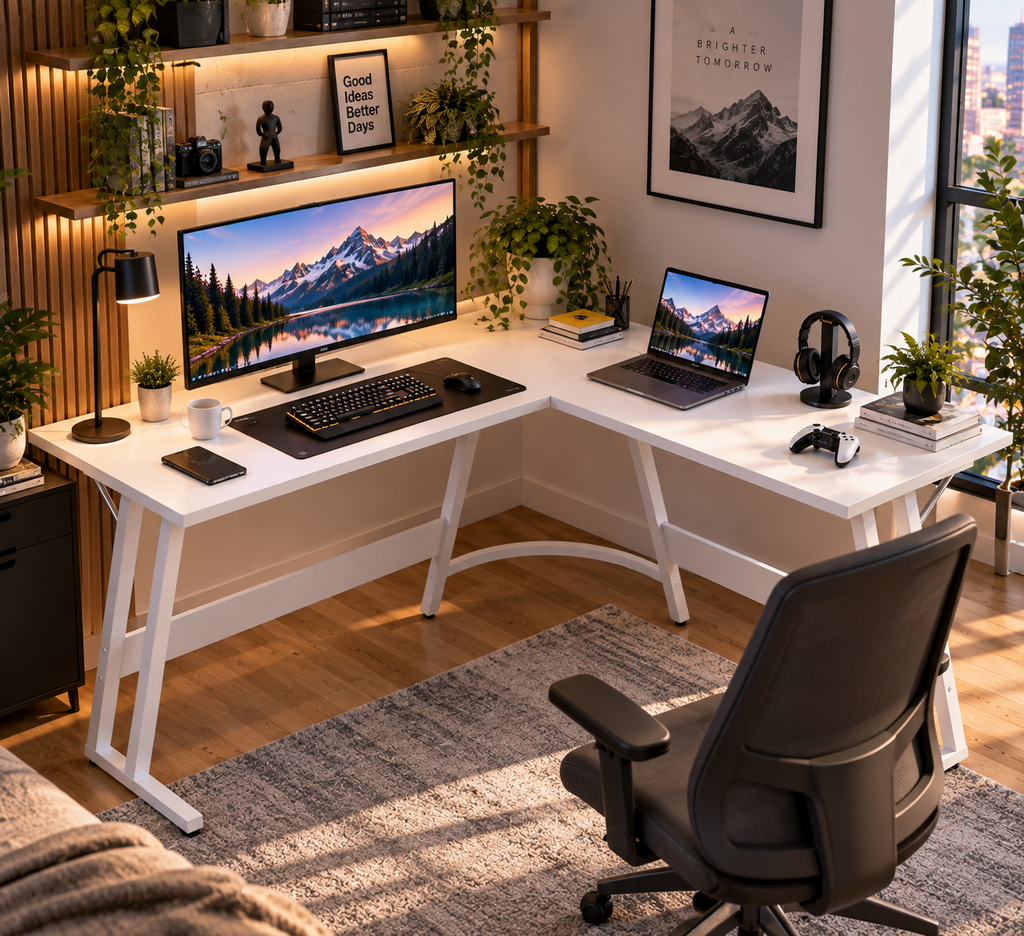 Bureau Gaming d’Angle 130x130 cm en L avec Support Écran