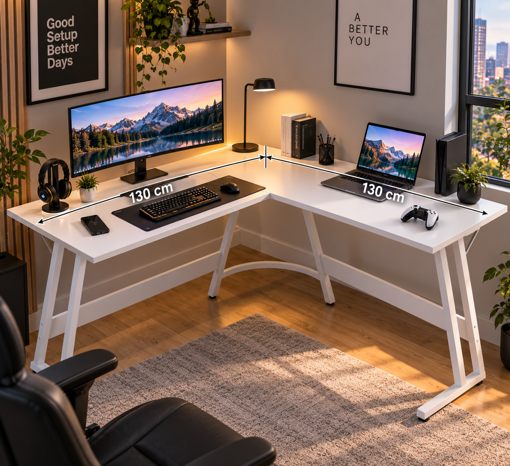 Bureau Gaming d’Angle 130x130 cm en L avec Support Écran