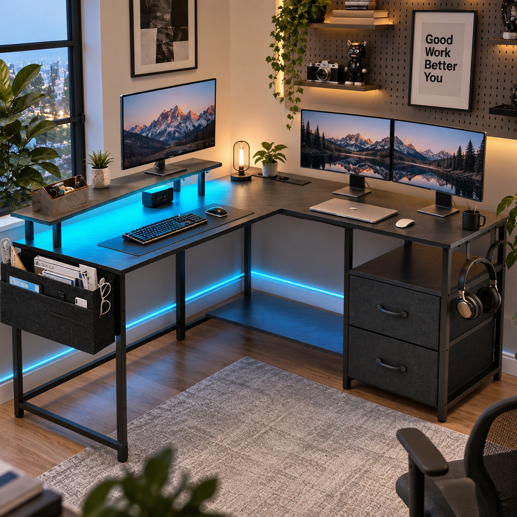 Bureau d'angle en L avec Lampes LED