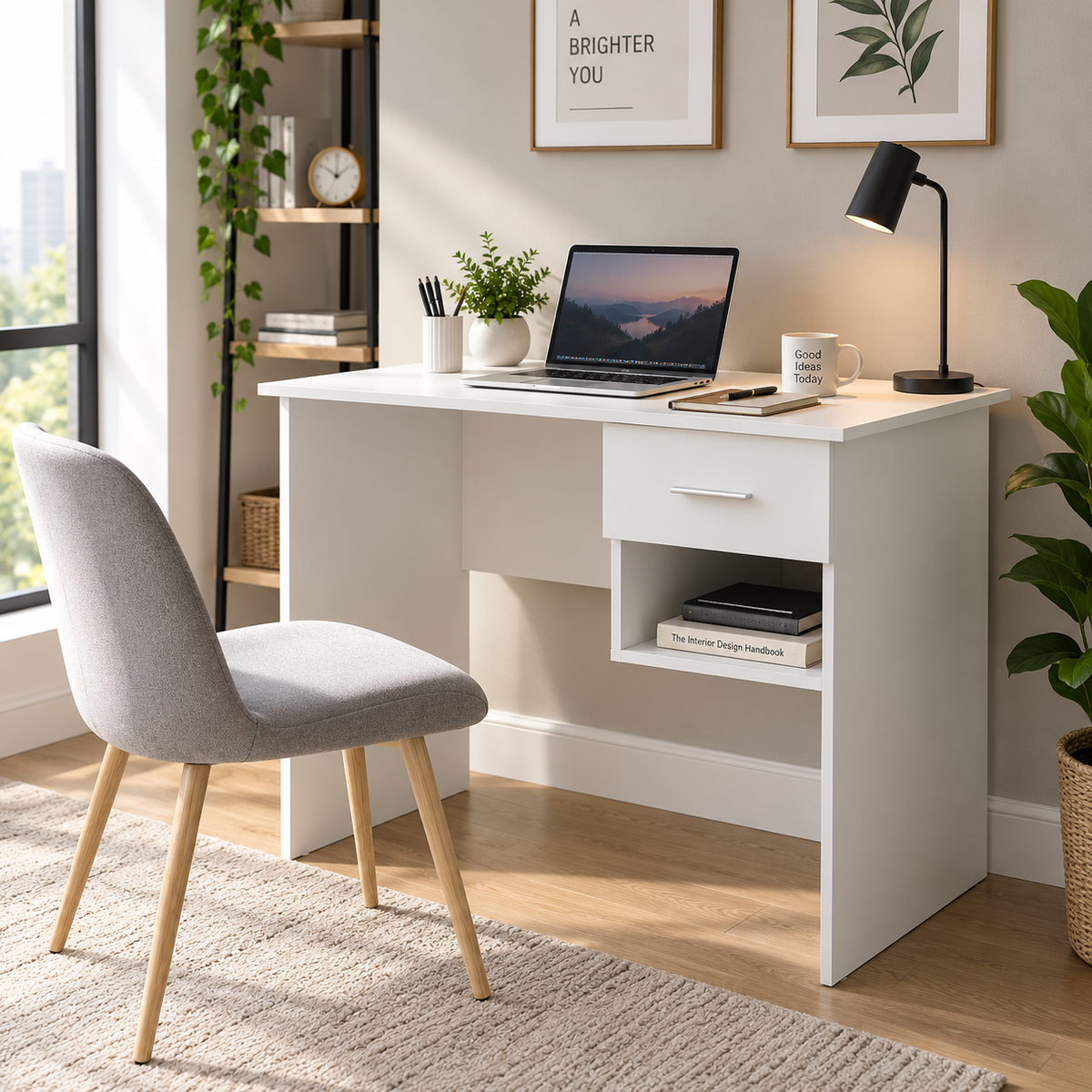 Bureau en bois d'ingénierie blanc avec étagère, 90x49,5x75 cm