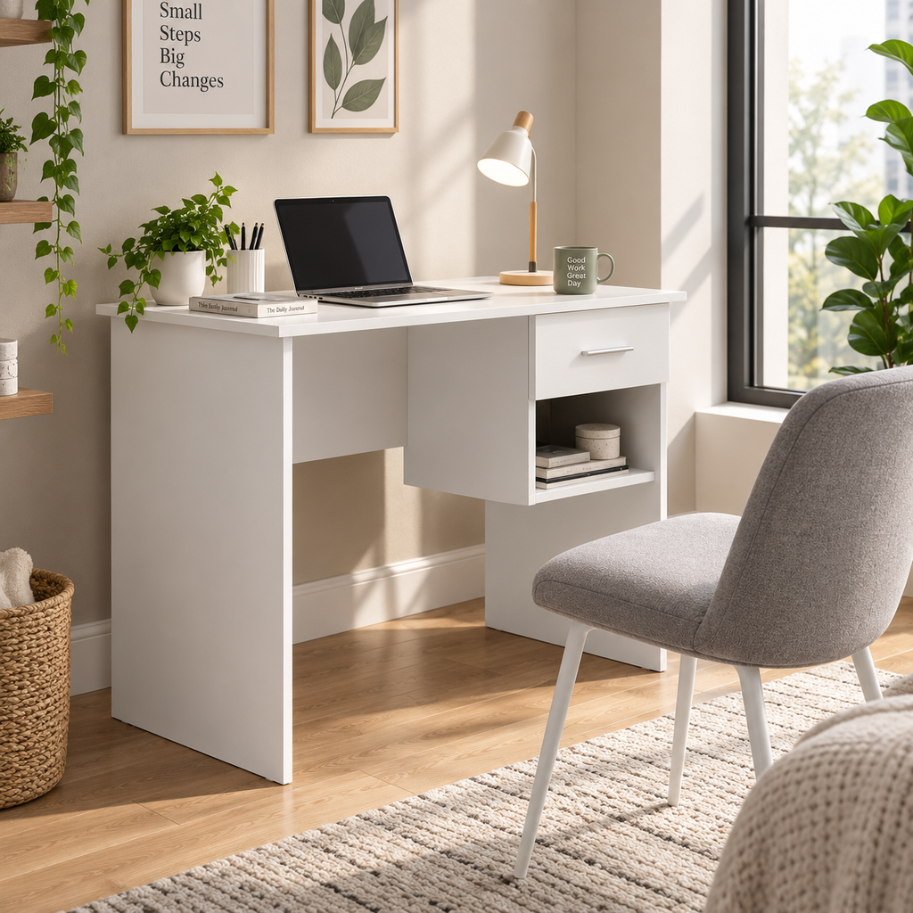Bureau en bois d'ingénierie blanc avec étagère, 90x49,5x75 cm