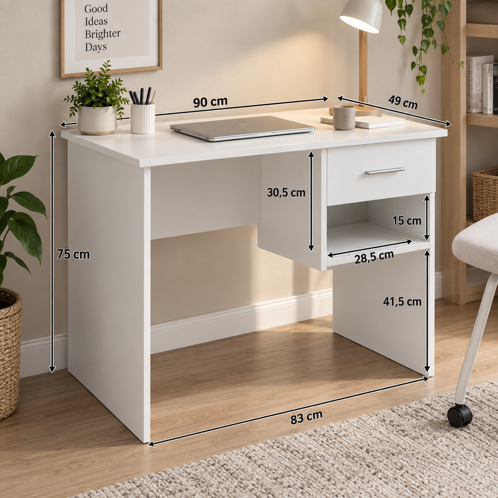Bureau en bois d'ingénierie blanc avec étagère, 90x49,5x75 cm