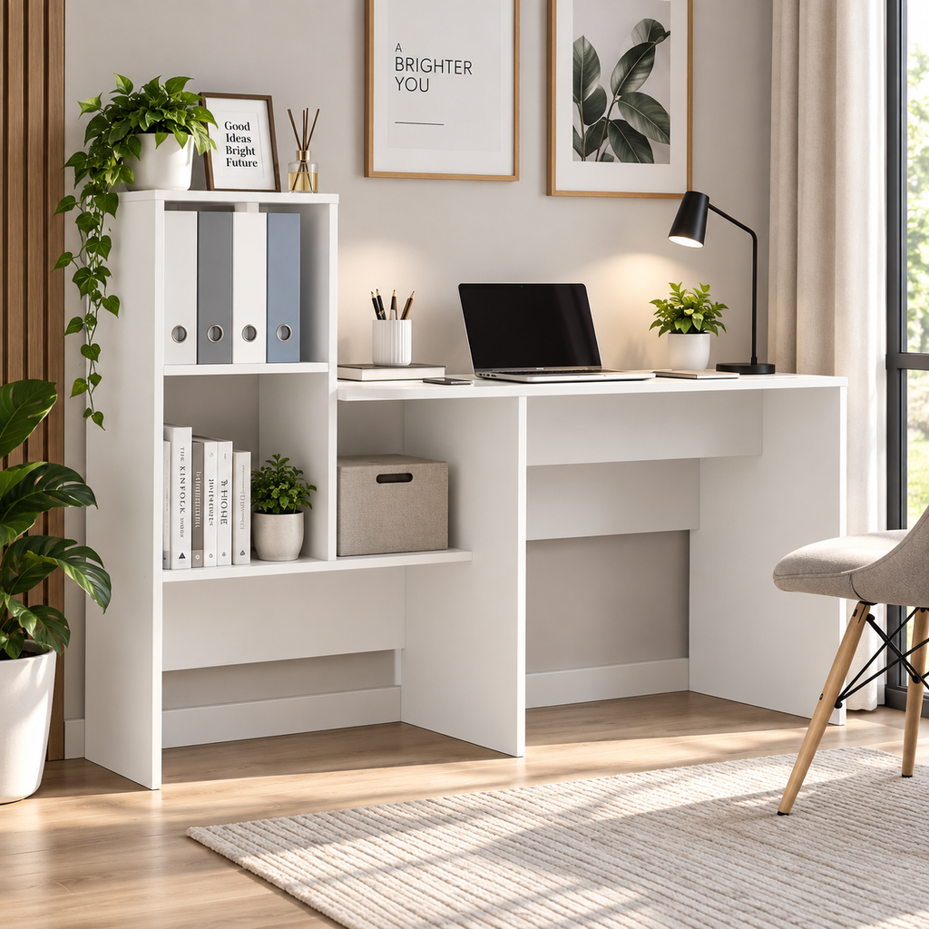 Bureau blanc avec étagère, 131,5x50x106,5 cm, bois d'ingénierie Blanc
