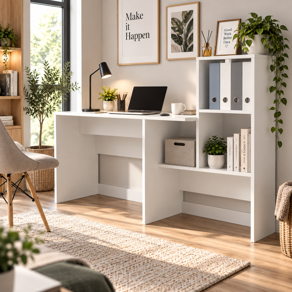 Bureau blanc avec étagère, 131,5x50x106,5 cm, bois d'ingénierie Blanc