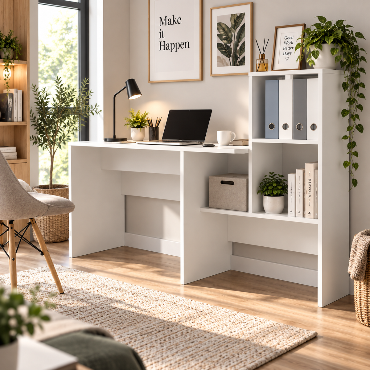Bureau blanc avec étagère, 131,5x50x106,5 cm, bois d'ingénierie Blanc
