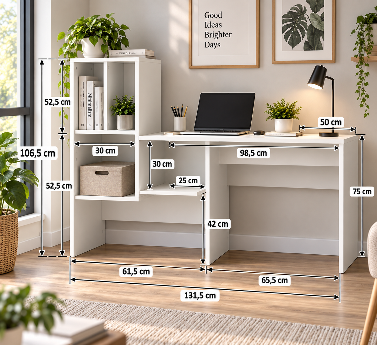 Bureau blanc avec étagère, 131,5x50x106,5 cm, bois d'ingénierie Blanc