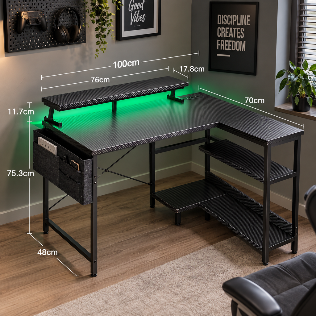 Bureau Gaming LED en L avec prises et USB 100x80 cm