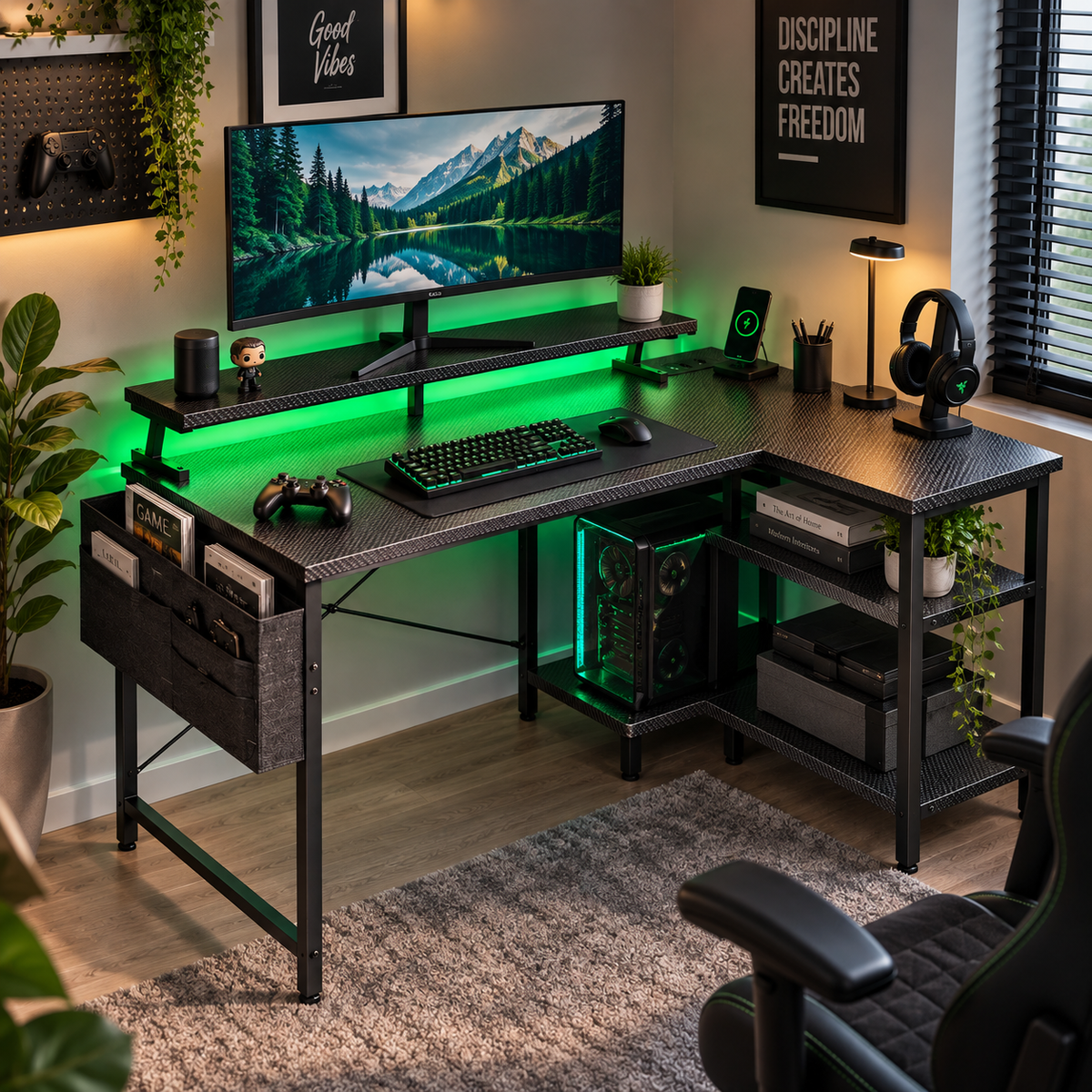 Bureau Gaming LED en L avec prises et USB 100x80 cm