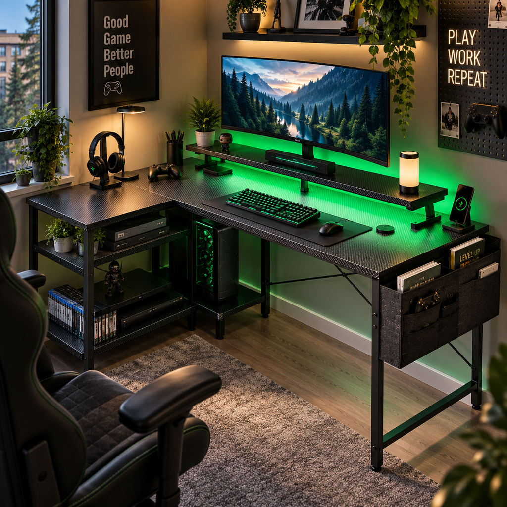 Bureau Gaming LED en L avec prises et USB 100x80 cm