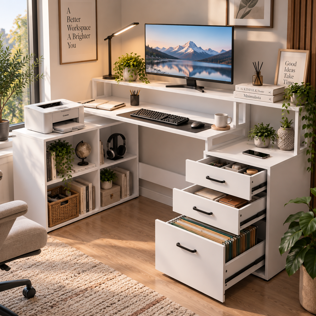 Bureau d'angle en forme de L avec prises électriques
