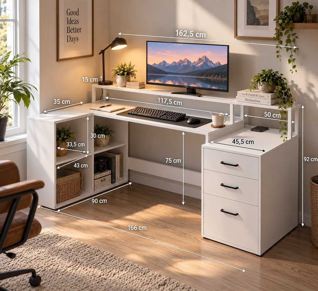 Bureau d'angle en forme de L avec prises électriques