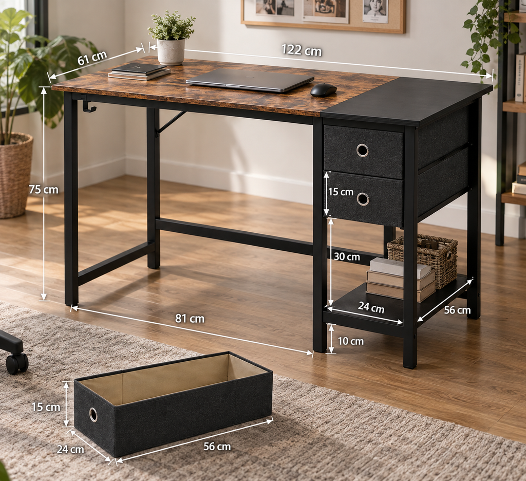 Bureau d'ordinateur avec 2 tiroirs, étagère et crochet, bois et métal