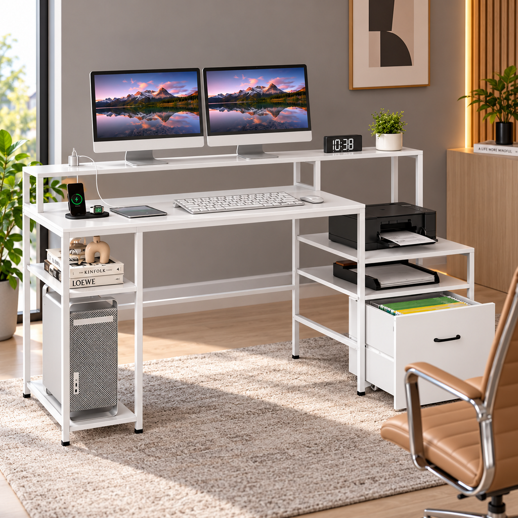 Bureau d'ordinateur avec station de charge et support de moniteur surélevé, bureau à plusieurs niveaux, 166 x 60 x 88 cm, blancBureau d'ordinateur avec station de charge et support de moniteur surélevé, bureau à plusieurs niveaux, 166 x 60 x 88 cm, blanc