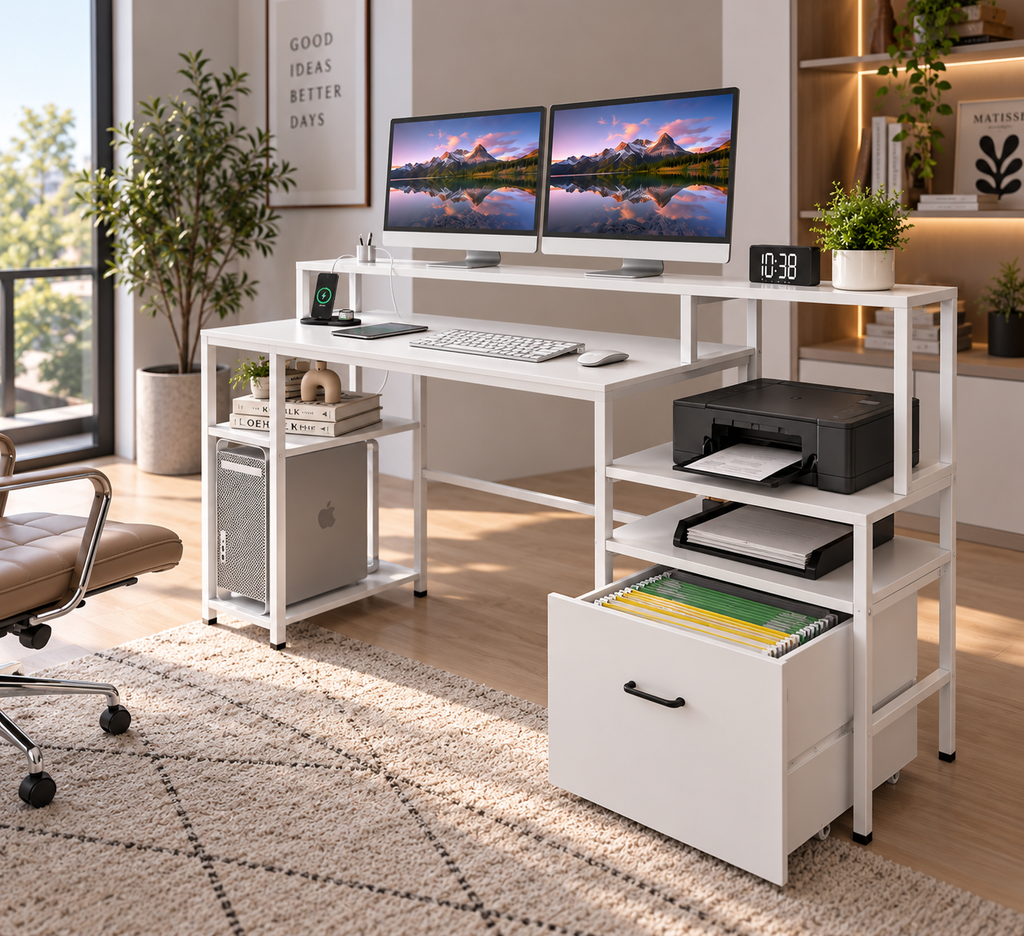 Bureau d'ordinateur avec station de charge et support de moniteur surélevé, bureau à plusieurs niveaux, 166 x 60 x 88 cm, blancBureau d'ordinateur avec station de charge et support de moniteur surélevé, bureau à plusieurs niveaux, 166 x 60 x 88 cm, blanc