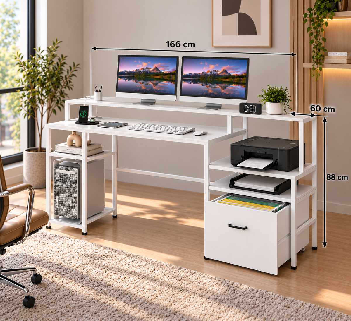 Bureau d'ordinateur avec station de charge et support de moniteur surélevé, bureau à plusieurs niveaux, 166 x 60 x 88 cm, blancBureau d'ordinateur avec station de charge et support de moniteur surélevé, bureau à plusieurs niveaux, 166 x 60 x 88 cm, blanc