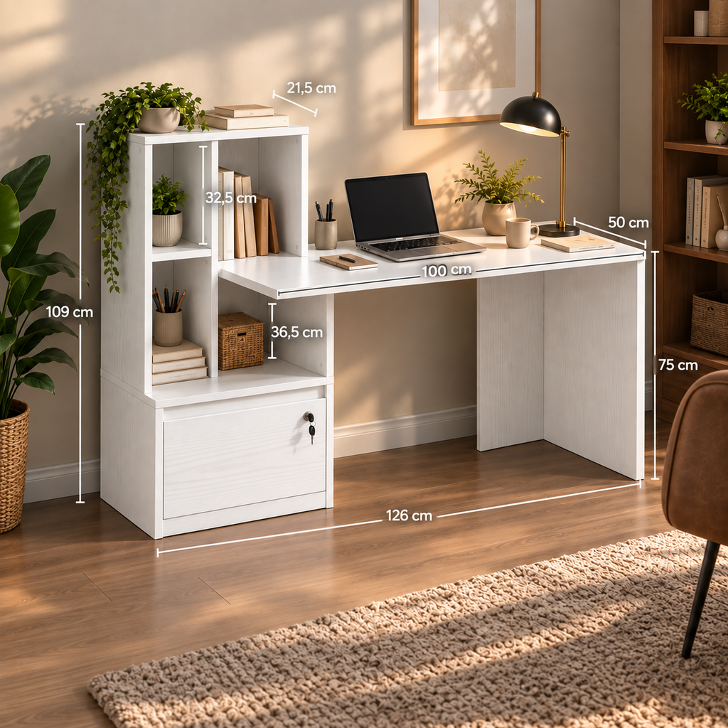 Bureau d'ordinateur avec bibliothèque 4 compartiments et tiroir verrouillable, 126 x 50 x 109 cm, grain de bois blanc