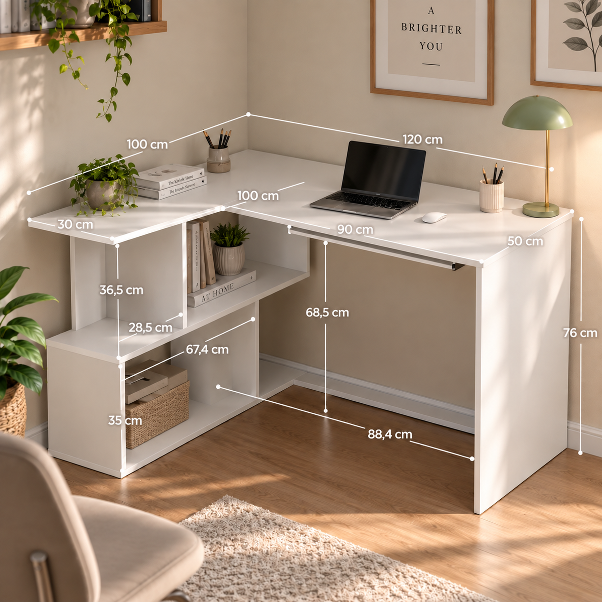 Bureau d'ordinateur d'angle en forme de L, 120x100x76 cm