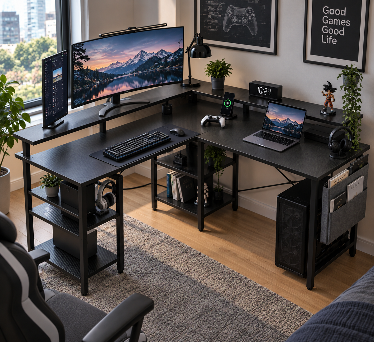 Table de jeu en forme de L, éclairage LED RGB, prises intégrées, 4 étagères réglables