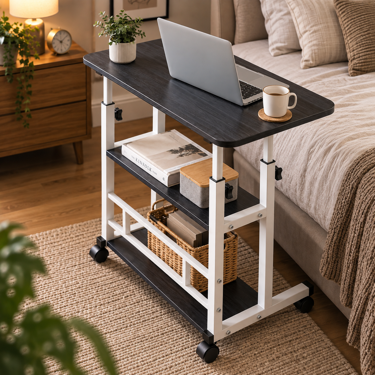 Bureau mobile, bureau d'ordinateur avec 4 roues verrouillables, table d'appoint pour chambre
