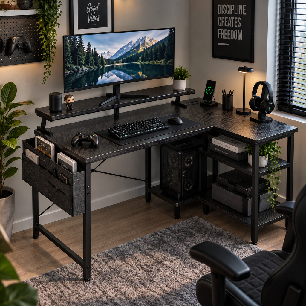 Bureau Gaming LED en L avec prises et USB 100x80 cm
