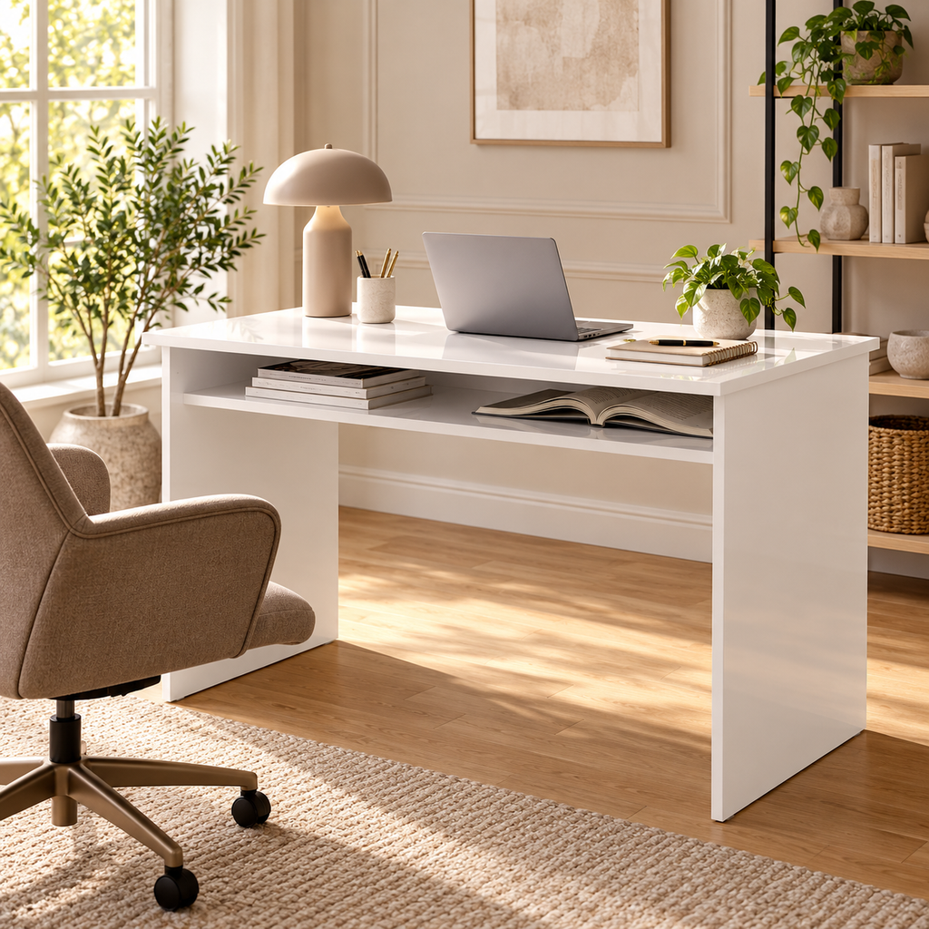 Bureau informatique blanc laqué avec étagère – 90 cm