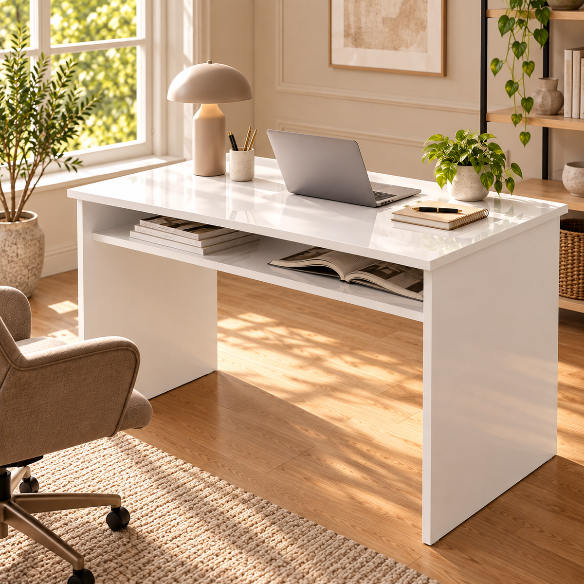 Bureau informatique blanc laqué avec étagère – 90 cm