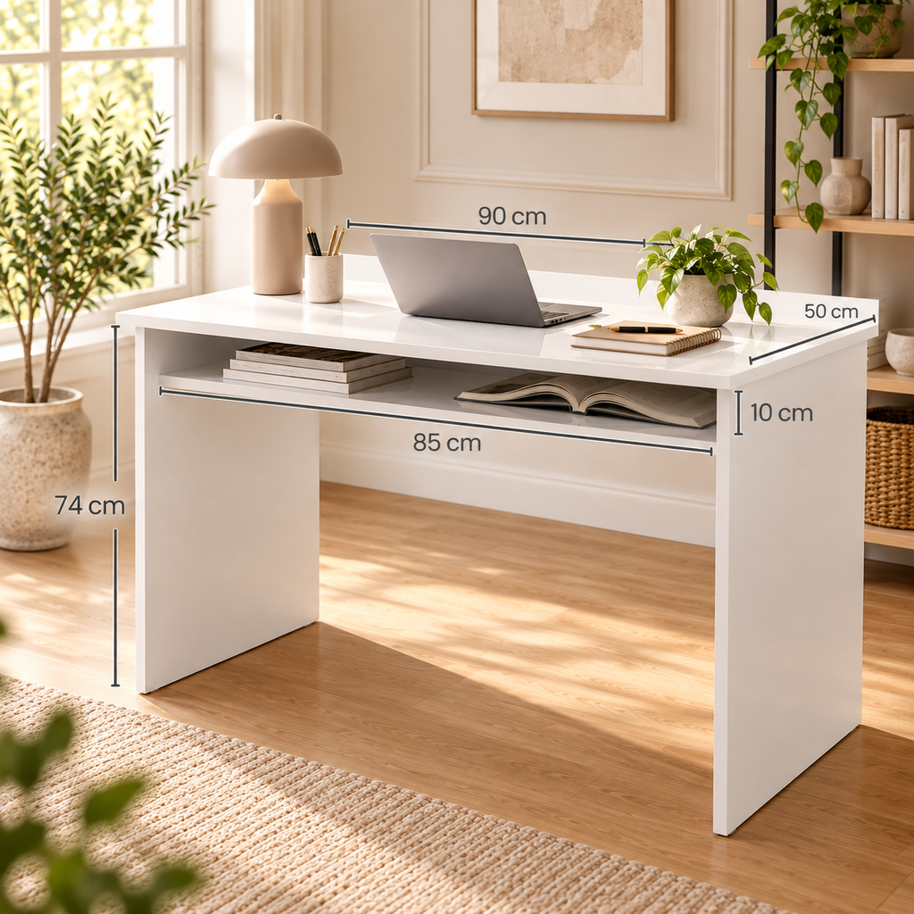 Bureau informatique blanc laqué avec étagère – 90 cm