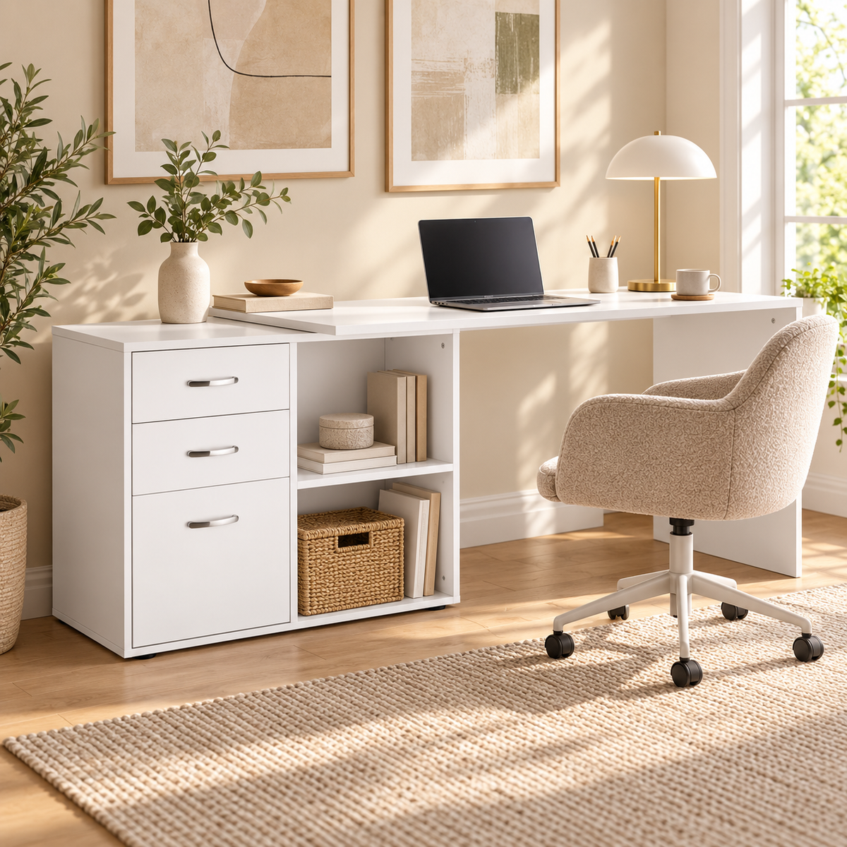 Bureau d’angle modulable blanc avec rangements