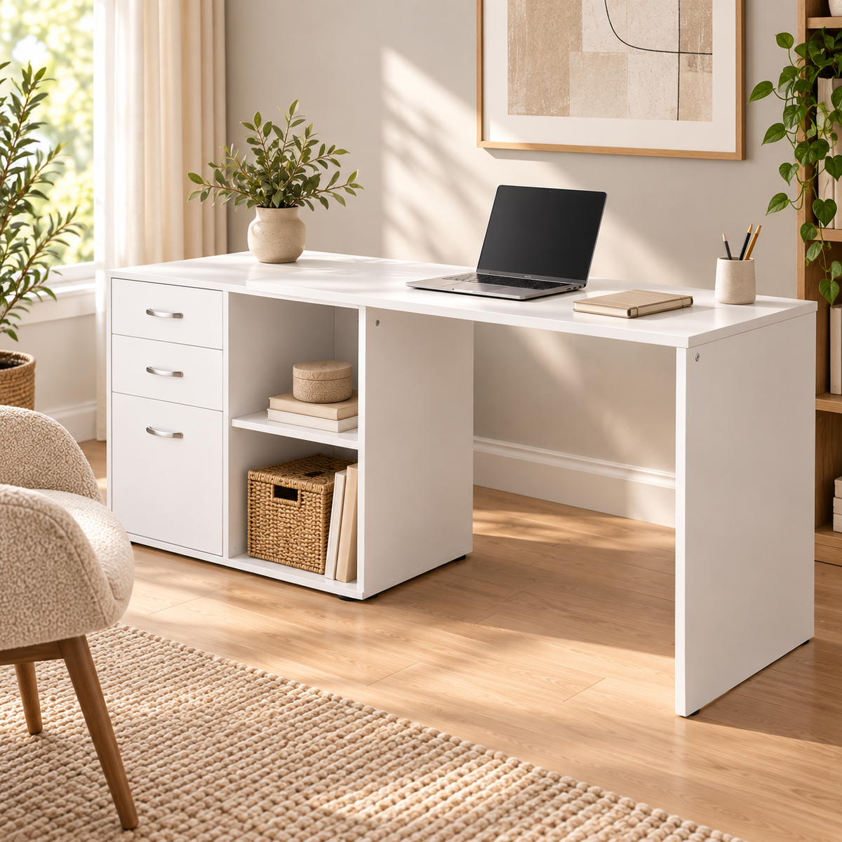 Bureau d’angle modulable blanc avec rangements