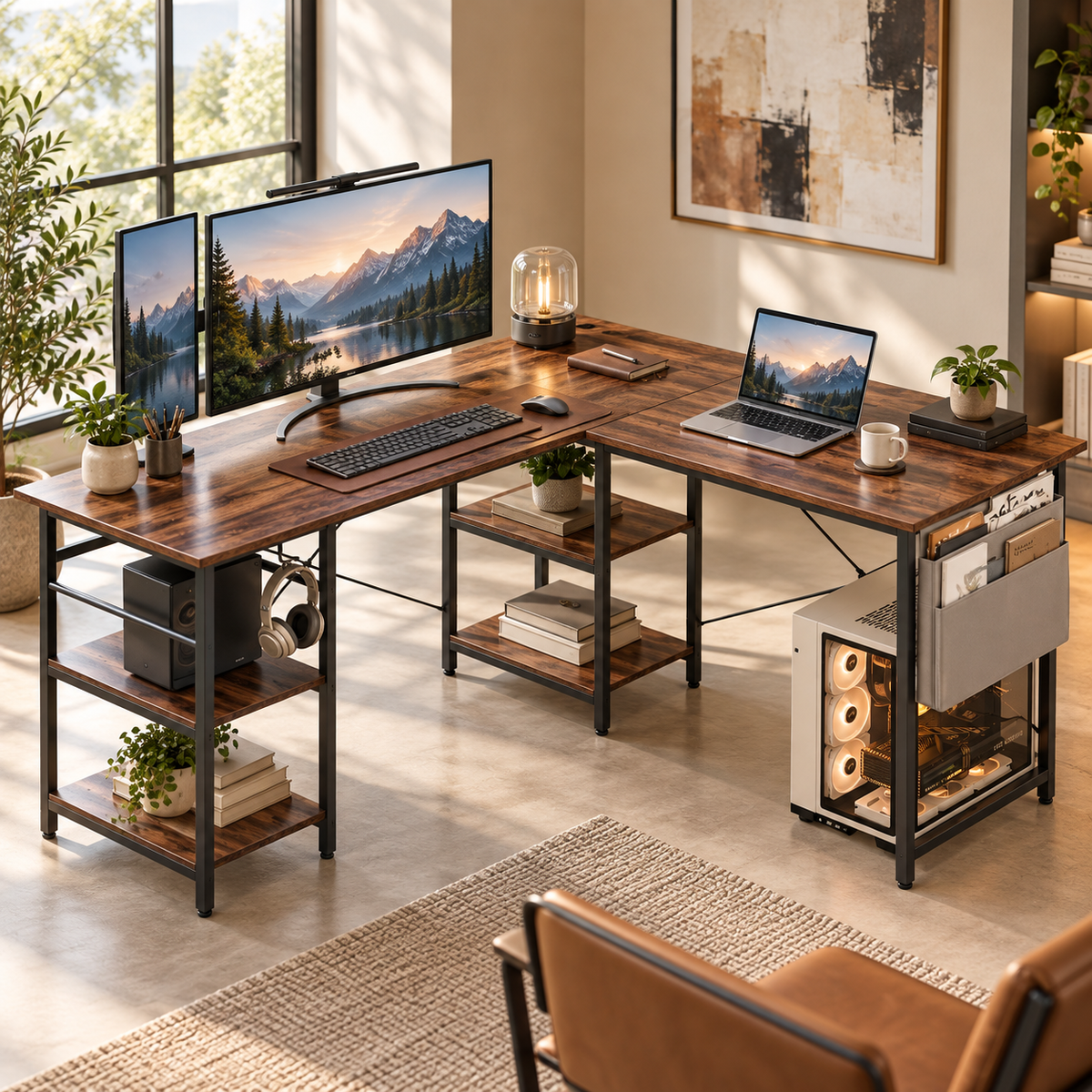 Bureau d’angle 2-en-1 brun et noir avec prises intégrées