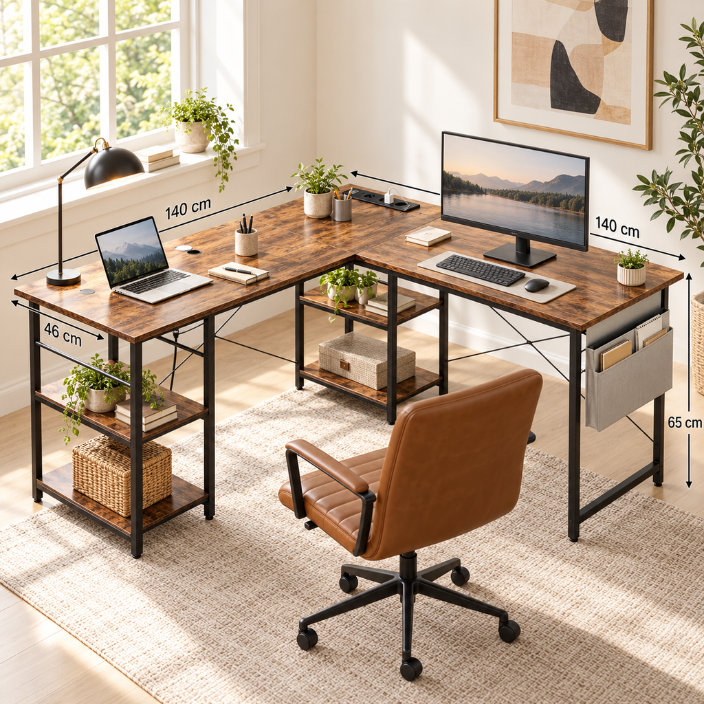 Bureau d’angle 2-en-1 brun et noir avec prises intégrées