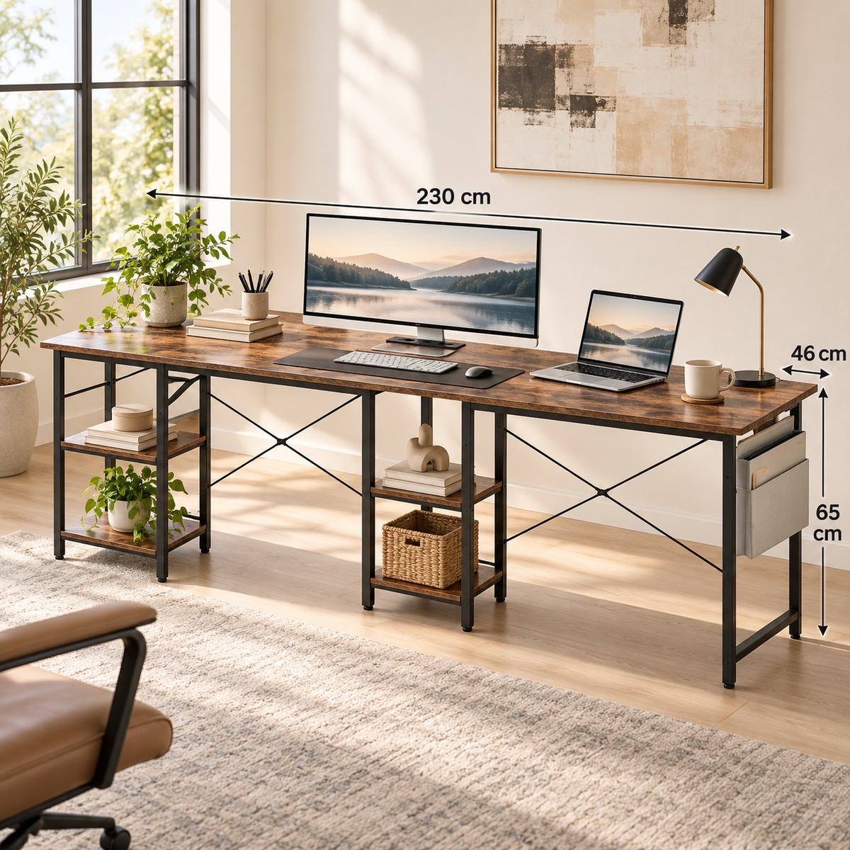 Bureau d’angle 2-en-1 brun et noir avec prises intégrées