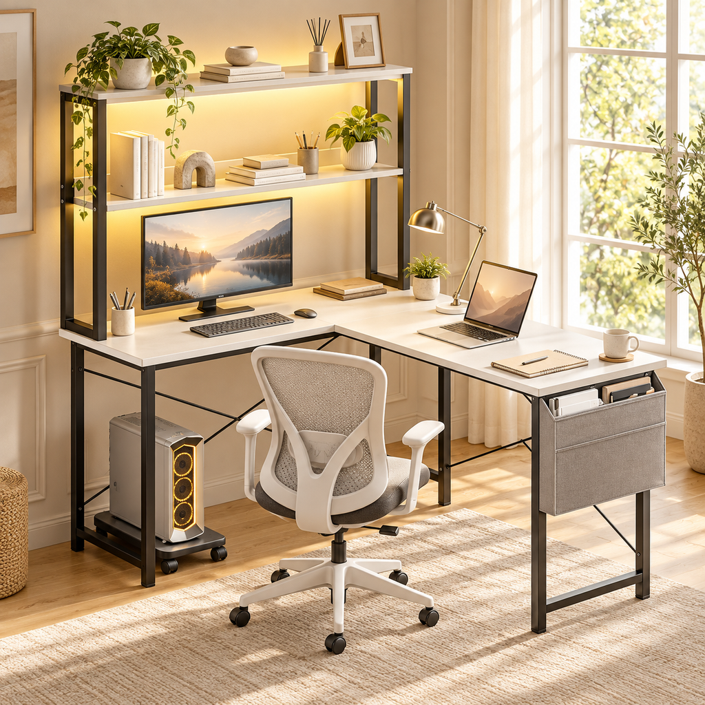 Bureau d’angle réversible 110 cm avec étagères et LED RGB