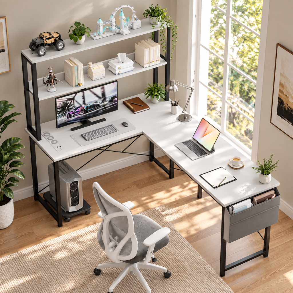 Bureau d’angle réversible 110 cm avec étagères et LED RGB
