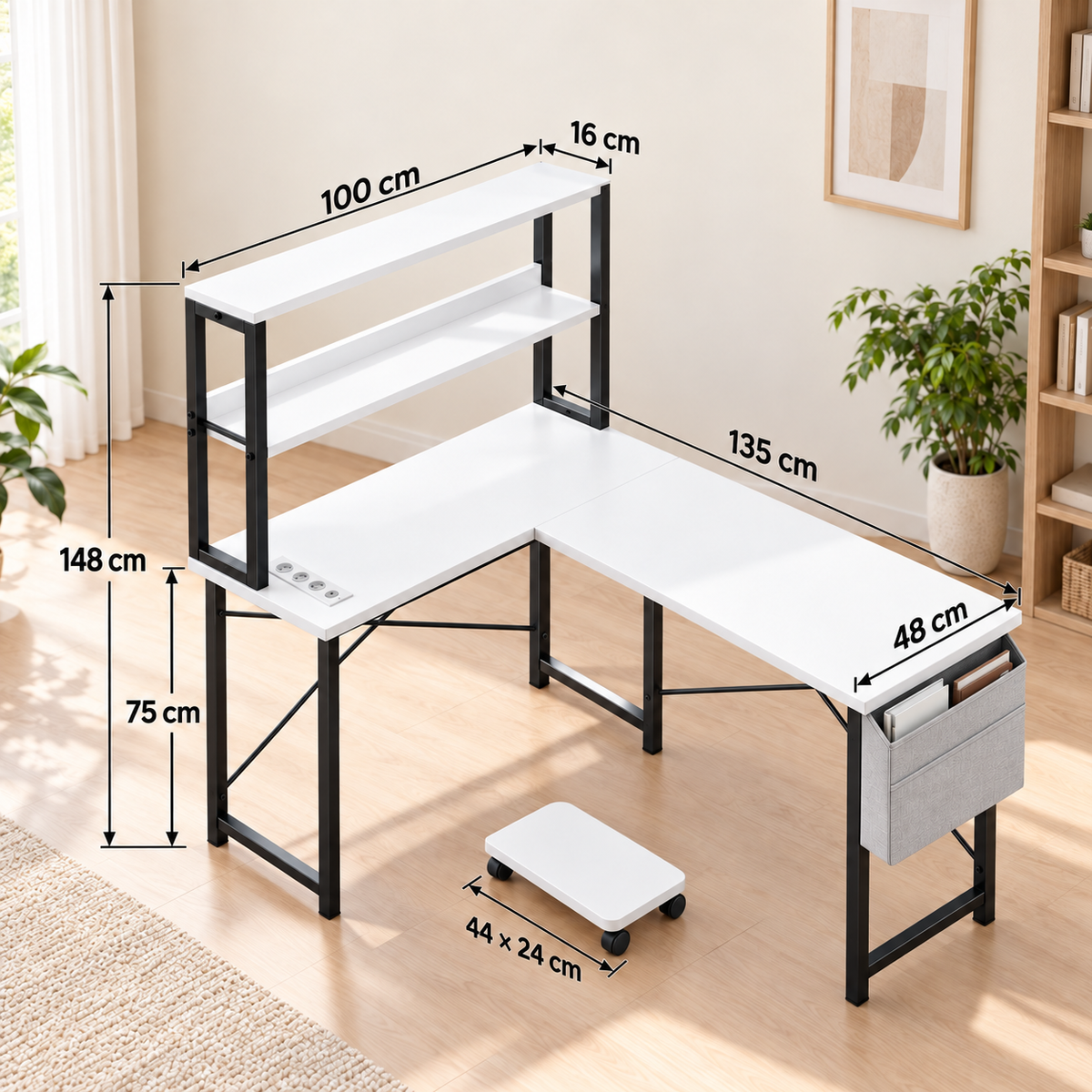 Bureau d’angle réversible 110 cm avec étagères et LED RGB