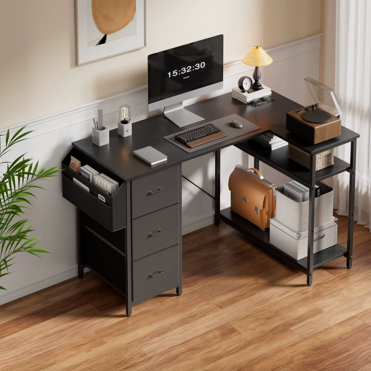 Bureau Informatique avec Rangement Noir