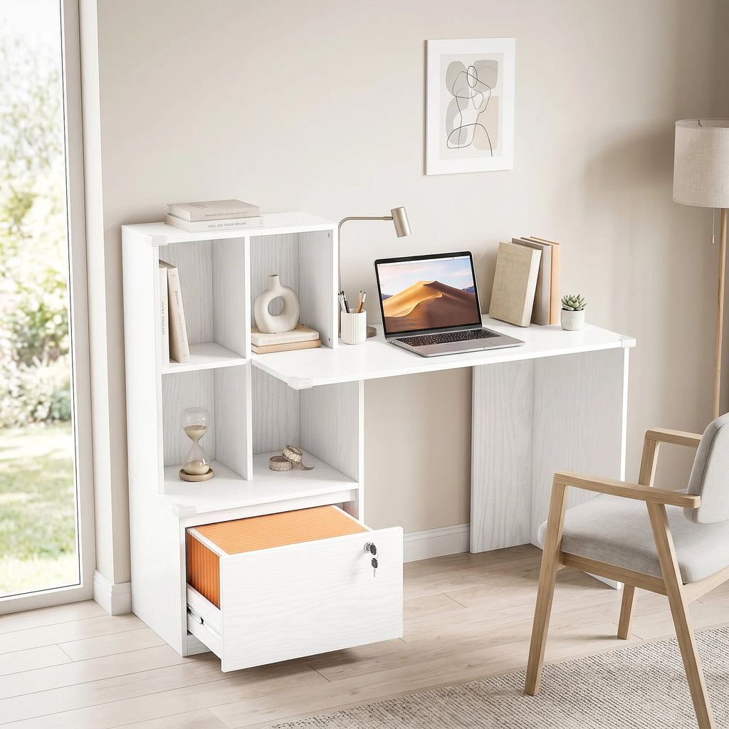 Bureau d'ordinateur avec bibliothèque 4 compartiments et tiroir verrouillable, 126 x 50 x 109 cm, grain de bois blanc