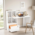 Bureau d'ordinateur avec bibliothèque 4 compartiments et tiroir verrouillable, 126 x 50 x 109 cm, grain de bois blanc