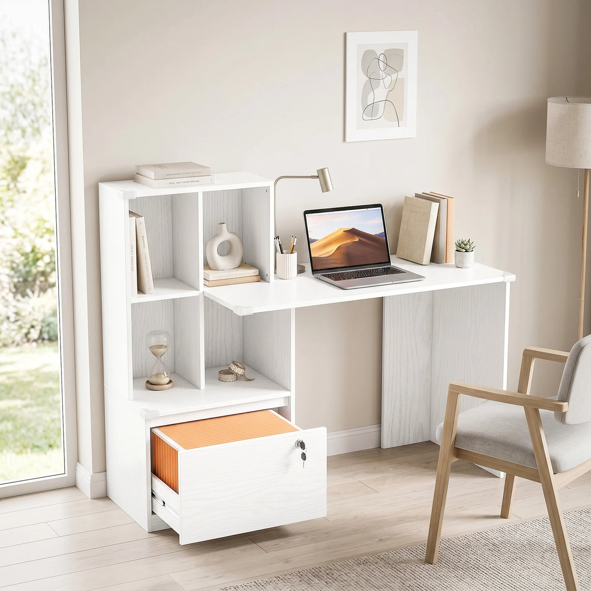 Bureau d'ordinateur avec bibliothèque 4 compartiments et tiroir verrouillable, 126 x 50 x 109 cm, grain de bois blanc