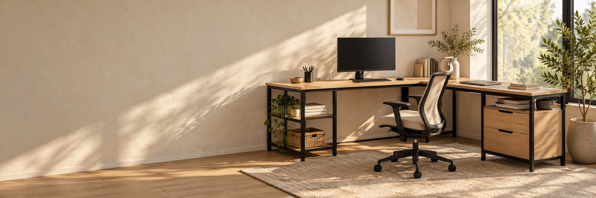Bureau d’angle aspect bois et métal dans un espace de travail moderne et lumineux